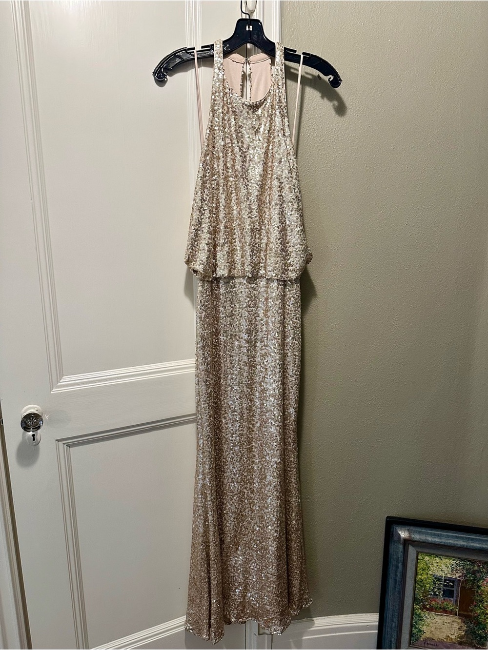 Badgley Mischka Champagne Sequin Halter Dress